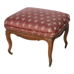 Antique French Style Carved Walnut & Upholstered Foot Stool, C1920
