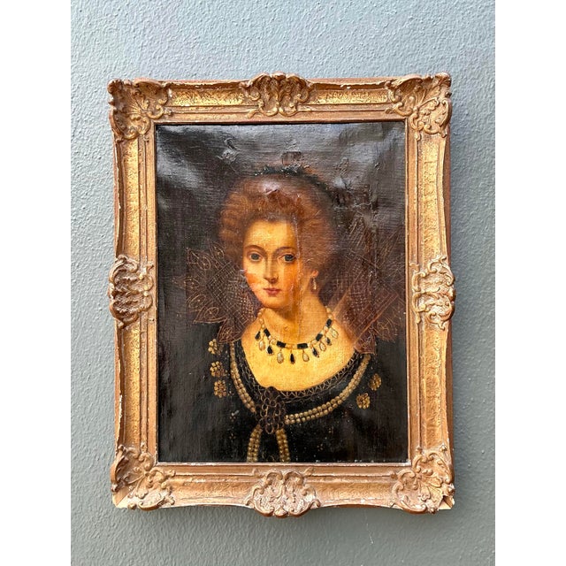 Gold Vintage Original 19th Century Oil Portrait on Canvas For Sale - Image 8 of 12