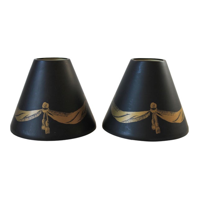 Pair of Vintage Tapered Cone-Shaped Toleware Metal Lamp Shades For Sale