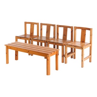 Vintage Dining Chairs and Bench in Pine from Sotka Oy, Finland, 1970s, Set of 5 For Sale