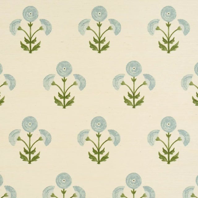 Schumacher Saranda Flower Sisal Wallpaper In Sky For Sale