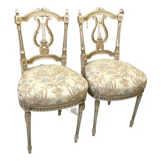 Set of 2 French Louis XVI-Inspired Chairs – Silver Leaf Frames With Off-White Damask Upholstery For Sale