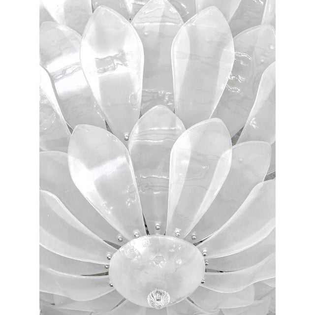 Scenographic elegant ventian flush mount in clear sanded “Petals” Murano glass. Three levels of sanded Murano glass. Friut...