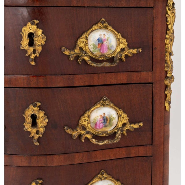 Louis XVI Style Porcelain and Gilt Metal Mounted Mahogany Diminutive Commode For Sale - Image 4 of 9