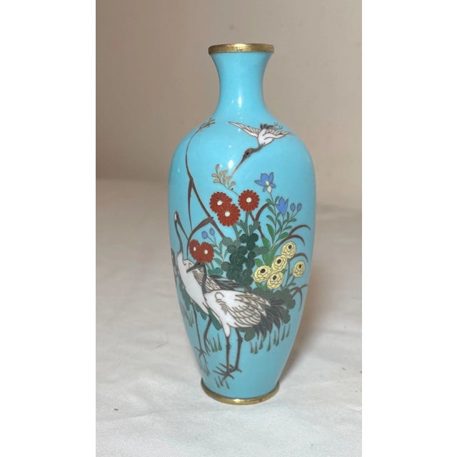 Antique 19th Century Japanese Meiji Cloiosnne Miniature Enamel Crane Blue Vase For Sale - Image 4 of 13