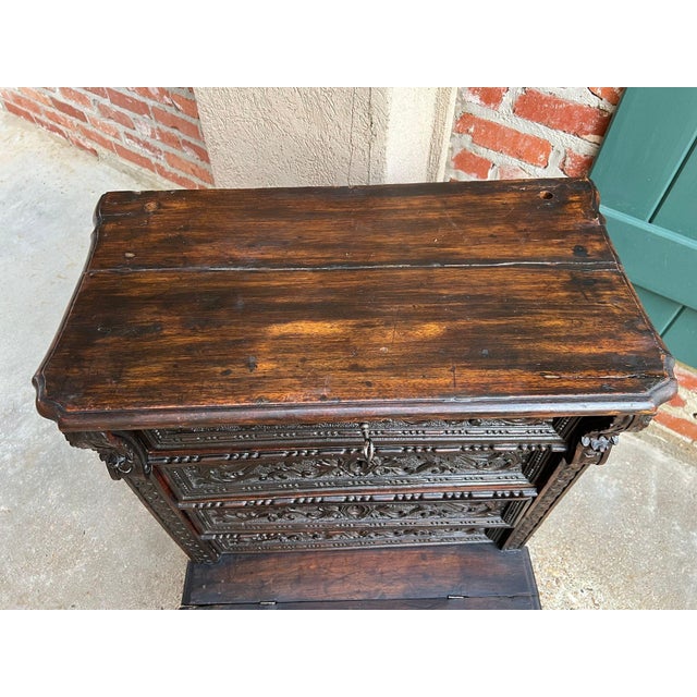 Antique French Gothic Devotional Cabinet Religious Painting Carved Oak Kneeler For Sale - Image 10 of 18