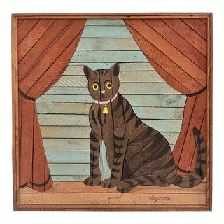 1970s Handcrafted Wood Kitty Cat Art. For Sale