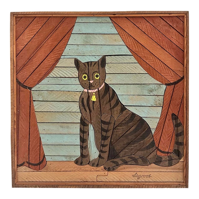 1970s Handcrafted Wood Kitty Cat Art. For Sale