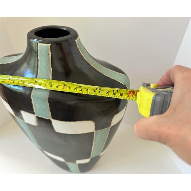 Large Signed Architectural Studio Pottery Vessel in Black, White & Celadon, Handmade Ceramic Vase For Sale - Image 9 of 11