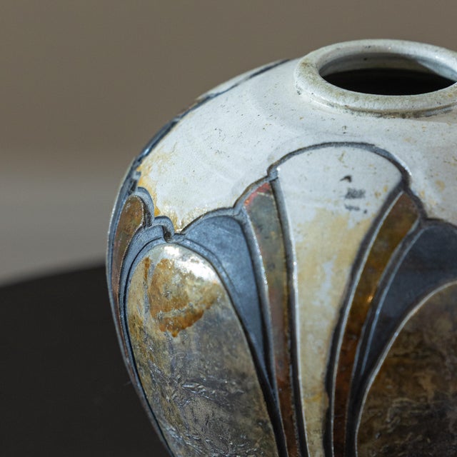 Vintage 80s Signed Nancy April Studio Pottery Carved Raku Vase For Sale In Sacramento - Image 6 of 9