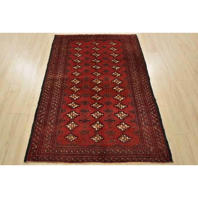 Cabin Turkmen Rug 4’3” X 6’1” Red Wool Vintage Tribal Hand-Knotted Carpet For Sale - Image 3 of 12