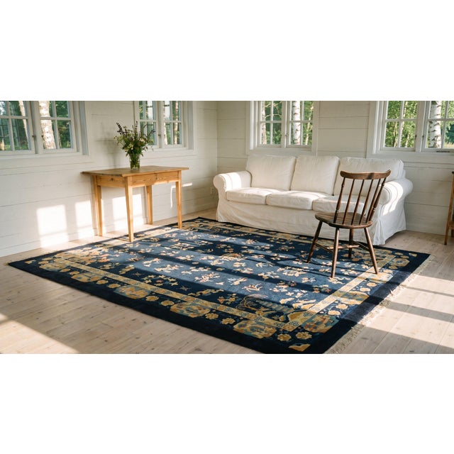 1920s Navy Blue Floral Shou Antique Chinese Art Deco Rug 8' 2''x 9' 10'' Knotted Wool Carpet For Sale - Image 14 of 15