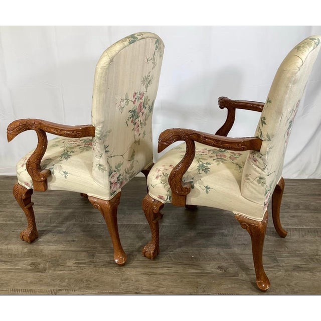 Wood Mid-Century Weiman Furniture Carved Mahogany Georgian Style Figural Lounge Chairs - A Pair For Sale - Image 7 of 12