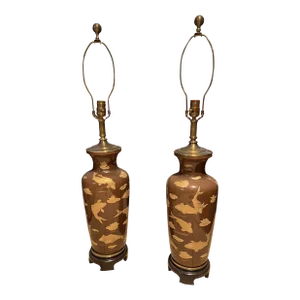 1970s Chinoiserie Ceramic Table Lamps with Gold Koi Dolphin Fish - Set of 2