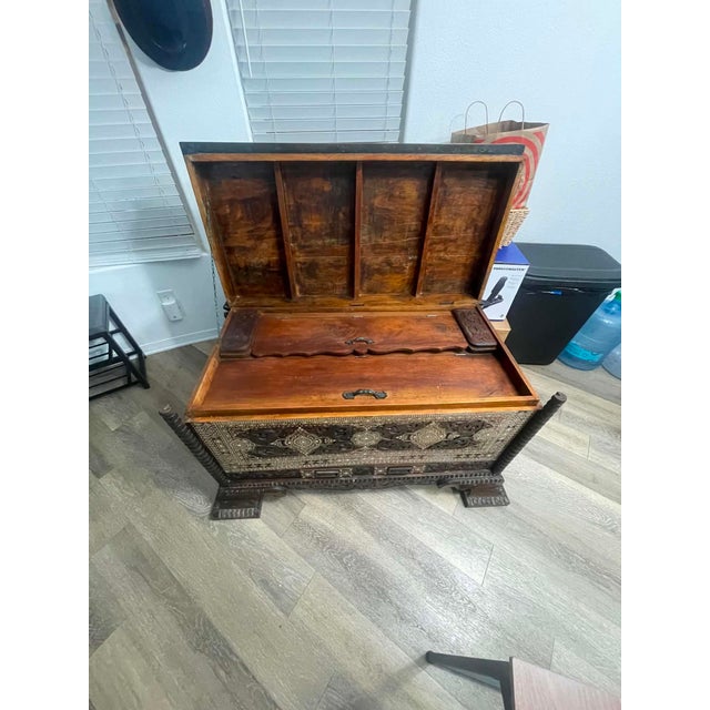 Traditional Vintage Mother-of-Pearl Inlay Carved Wood Chest For Sale - Image 3 of 5