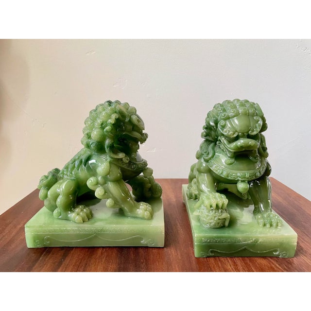 Asian 1950s Acrylic Jade Shishi Guardian Lions- a Pair For Sale - Image 3 of 13