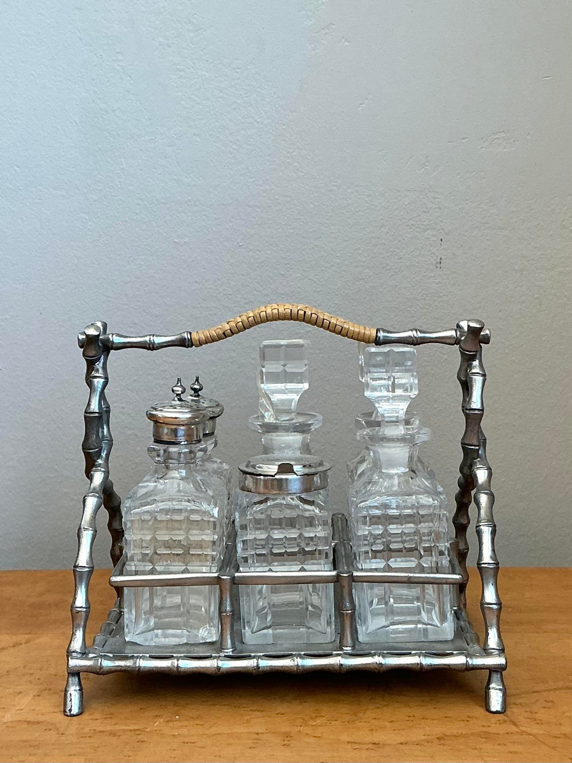 Vintage 19th Century Sheffield Bamboo Plate Cruet Set of 7 - Side view