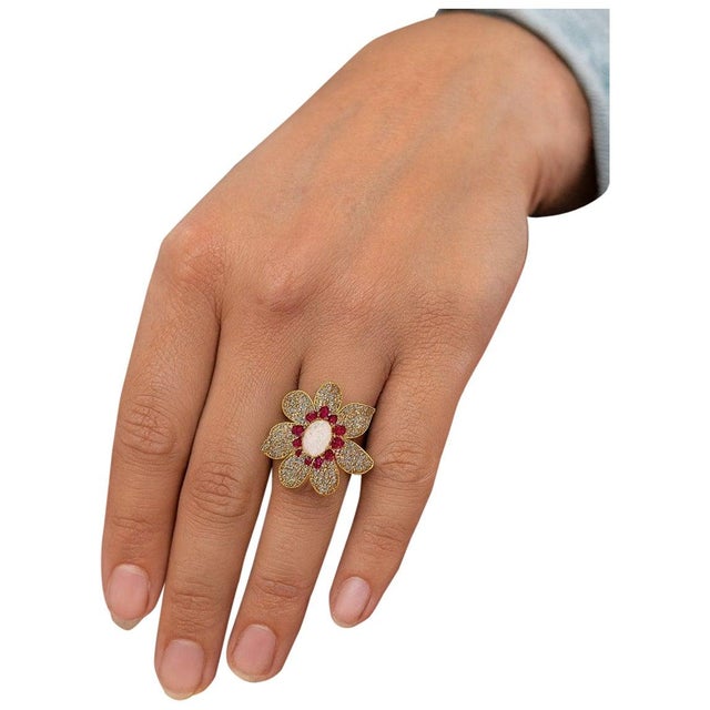 Bochic "Capri" Vintage Ruby, Fire Opal & Topaz Flower Ring Set 18K Gold & Silver For Sale - Image 15 of 18