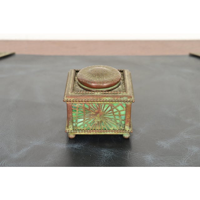 Art Deco Tiffany Studios New York Pine Needle Bronze and Favrile Slag Glass Inkwell, Circa 1910 For Sale - Image 3 of 13