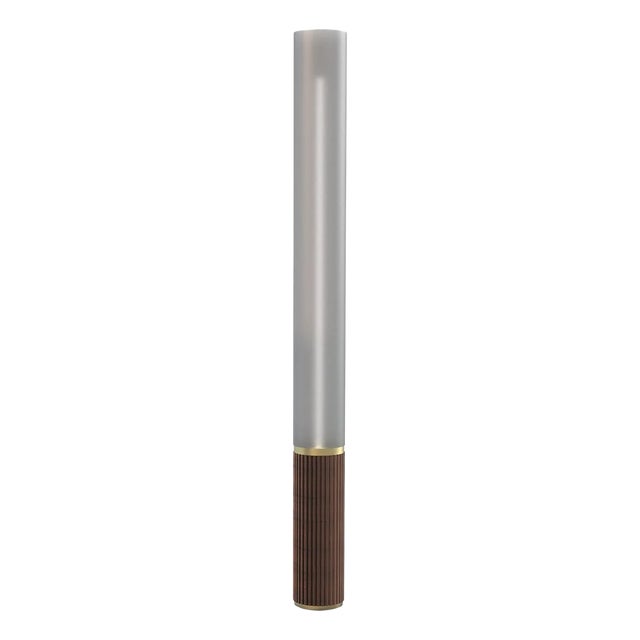 Tambo Cylindro Accent Floor Lamp - Dark Walnut, Weathered Brass, Frosted Acrylic, Dimmer Switch, 60" For Sale
