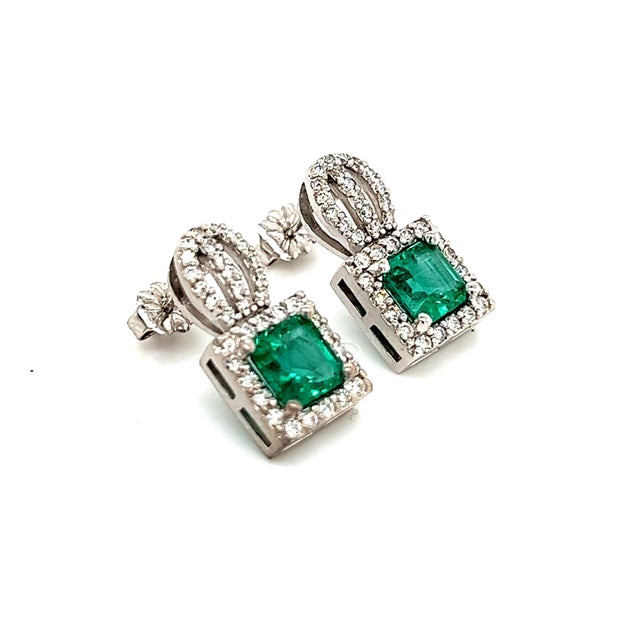 Metal Natural Emerald Diamond Stud Earrings 14k Gold 2.84 TCW Certified For Sale - Image 7 of 12