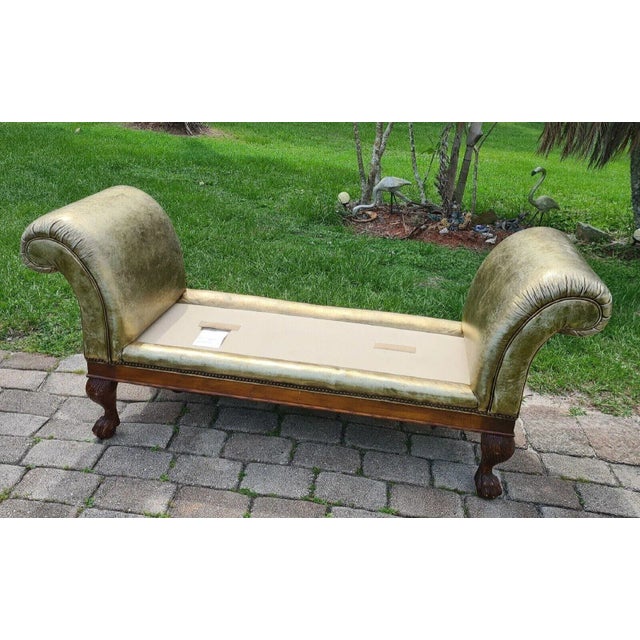 1990s 1990s Ralph Lauren Scroll Arm Metallic Leather Clawfoot Kings Bench by Henredon Chaise For Sale - Image 5 of 12