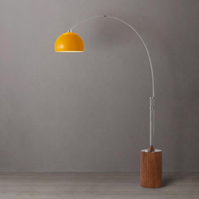 Mid-Century Modern 1980s Nova of California Tambo 92-Inch Arc Floor Lamp - Mid Century Modern, Tambo 92" Arc Lamp - Mid-Century Modern, Mustard Steel Shade, Walnut Base For Sale - Image 3 of 7
