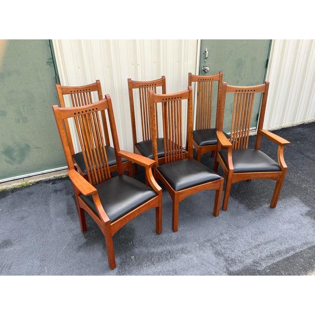 American Stickley 21st Century Collection Leather & Cherry Mission Dining Chairs- Set of 6 For Sale - Image 3 of 12