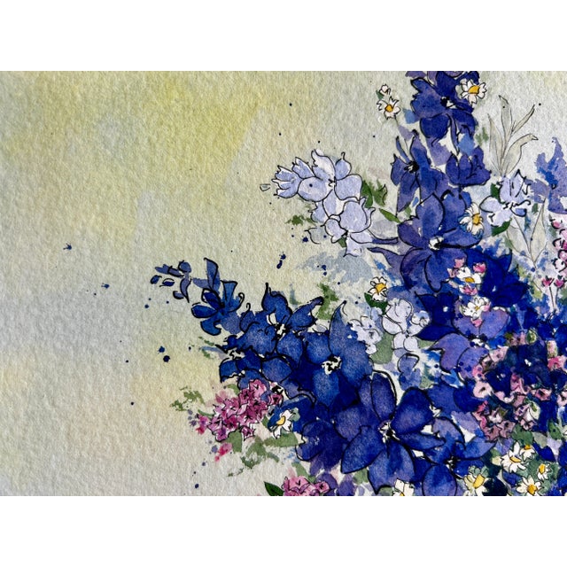 Giclee Print Watercolor Ink and Wash Painting “Blue Larkspur” For Sale - Image 4 of 10