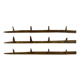 Unusual Vintage Set of 3 Wall Mounted Rustic Racks With Spike Hooks in Blond Wood For Sale