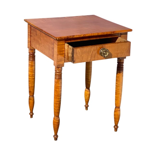 Antique 19th Century Sheraton New England Tiger Maple Work Table / Nightstand For Sale - Image 4 of 12