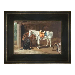 "Labrador and Horses" Contemporary Reproduction Print on Canvas, Framed