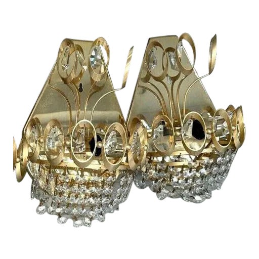 1960s Gold Tone/ Crystal Wall Sconces Attrib. Palwa" - a Pair For Sale