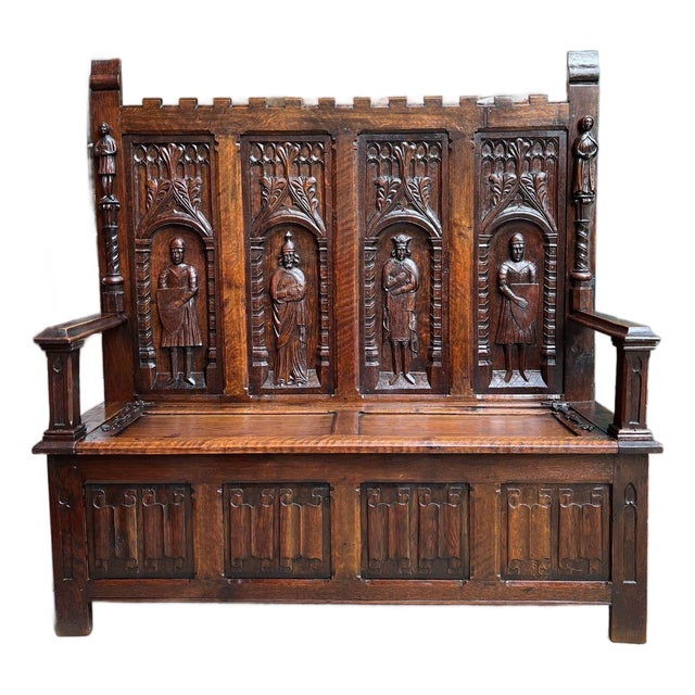 Antique English Gothic Hall Bench Carved Oak Medieval Knights Settle C1880 For Sale
