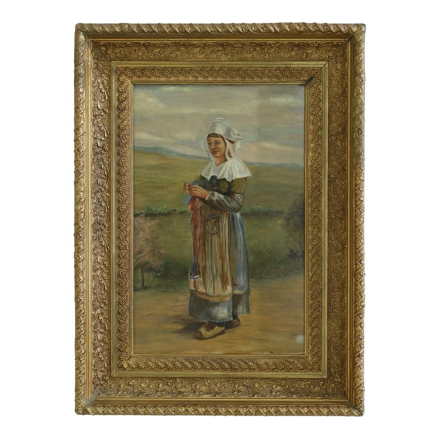Antique Framed Oil Painting on Board ~ Woman Knitting For Sale
