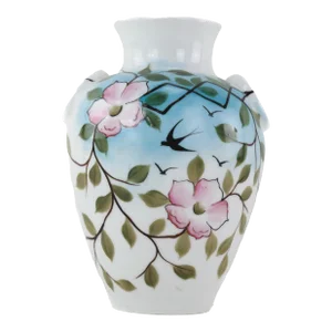 Antique Bird and Blossom Vase - Hand-Painted Porcelain With Floral and Swallow Design