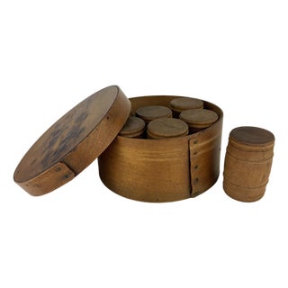 Set of 8, Antique Bentwood Spice Box With 7 Wooden Barrel Spice Containers For Sale