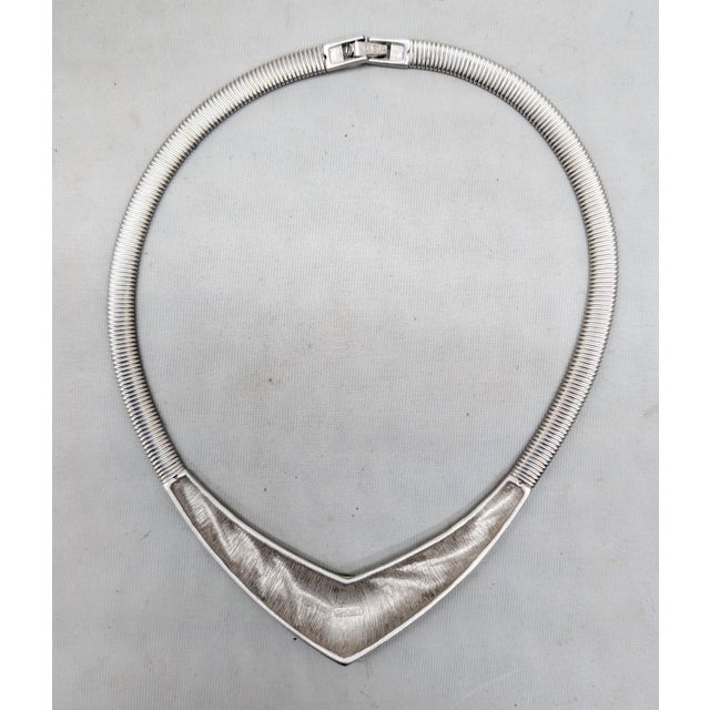 Ivory Vintage 1985 Signed Monet Rhodium Plated Ivory Enamel Zebra Stripe v Collar Necklace For Sale - Image 8 of 10