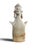 A stylized terracotta figure, modeled and partially glazed, depicting an anthropomorphic character with a schematic face...