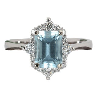 1.5ct Aquamarine & Natural Diamond Ring in Solid 14k Gold – Emerald Cut 8×6mm, Size 6.75 For Sale