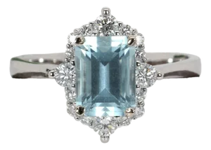 1.5ct Aquamarine & Natural Diamond Ring in Solid 14k Gold – Emerald Cut 8×6mm, Size 6.75
