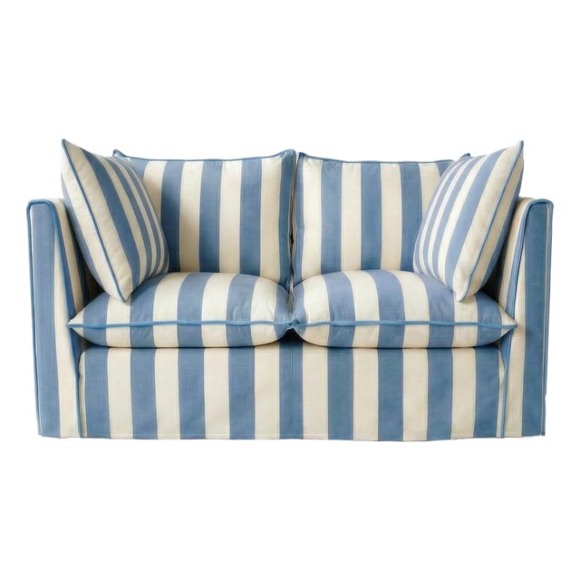 Sophie Conran Coco 2 Seater Sofa - Cornish Blue Wide Stripes with Knife Edge Cushion For Sale