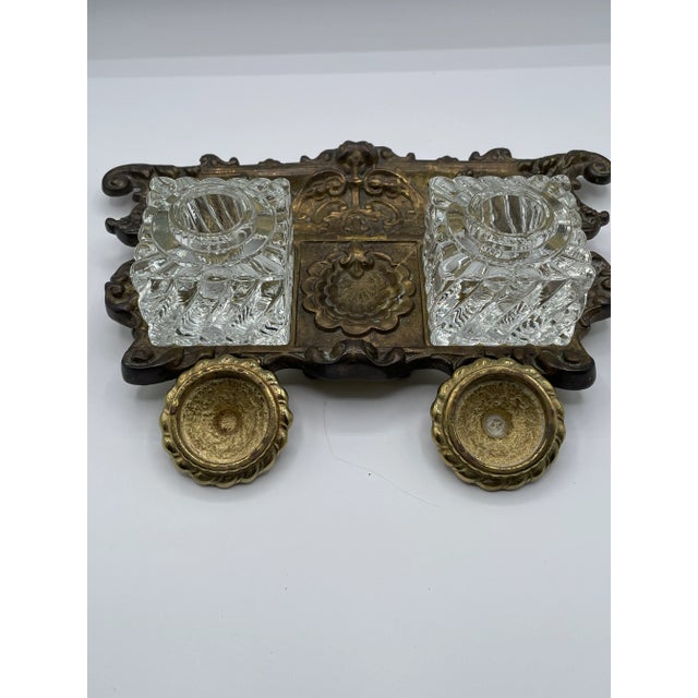 Antique Victorian Double Inkwell Desk Set – Glass Bottles With Brass Lids & Ornate Stand For Sale - Image 4 of 7