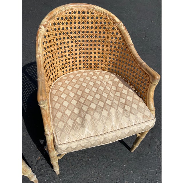 Hollywood Regency Barrel Back Faux Bamboo and Cane Chairs Circa 1960s