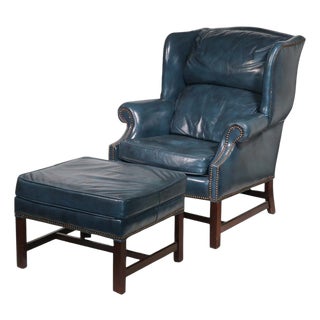 Experience Unparalleled Relaxation With a Vintage Two-Piece Classic Leather Wingback Chair & Ottoman For Sale