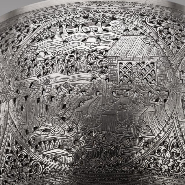 Antique Burmese Pierced Silver Pyusawhti Folk Tale Bowl, 1918 For Sale - Image 4 of 17