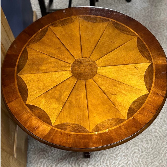 Traditional Vintage Round Wood Pedestal Table With Starburst Inlay For Sale - Image 3 of 5