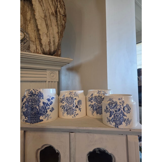 Antique White Four Vintage English Blue and White Storage Canisters For Sale - Image 8 of 17