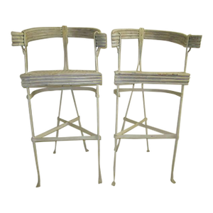 1990s Tan Coastal Style Metal Faux Bamboo Barstools - Set of Two