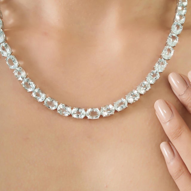 Blue 19th Century Style 100.3 Ct Aquamarine Silver Rivière 18 Inch Necklace & Drop Earrings - 3 Pieces For Sale - Image 8 of 15